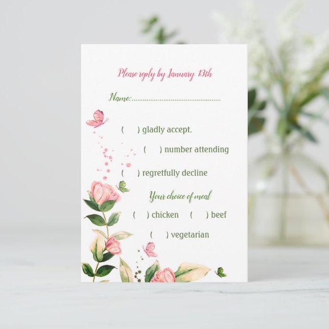 hot pink flowers green leaves butterfly RSVP card (Standing Front)