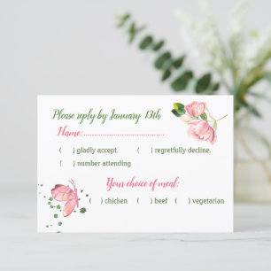 hot pink flowers green leaves butterfly RSVP card