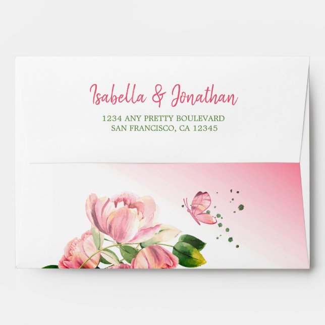 hot pink flowers green leaves wedding envelope (Back (Top Flap))