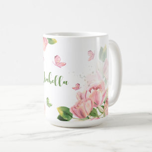 hot pink flowers greenery butterflies coffee mug