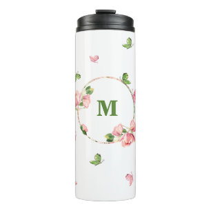 hot pink flowers greenery butterflies thermal tumbler