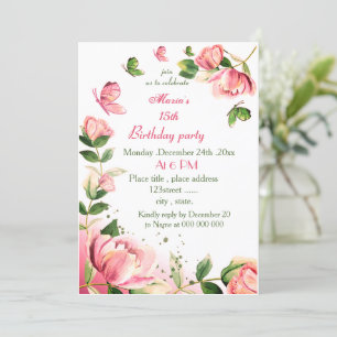 hot pink flowers leaves butterflies birthday party invitation