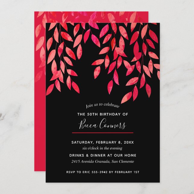 Hot Pink Foliage Black Birthday Invitations (Front/Back)