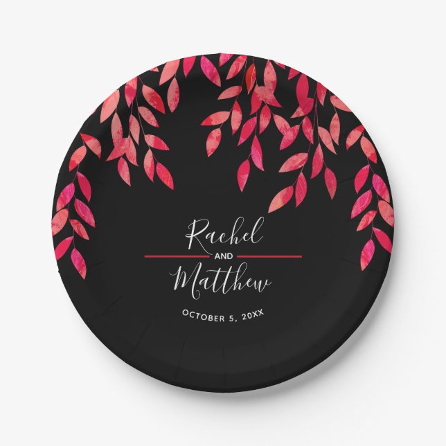 Hot Pink Foliage on Black Wedding Paper Plate (Front)