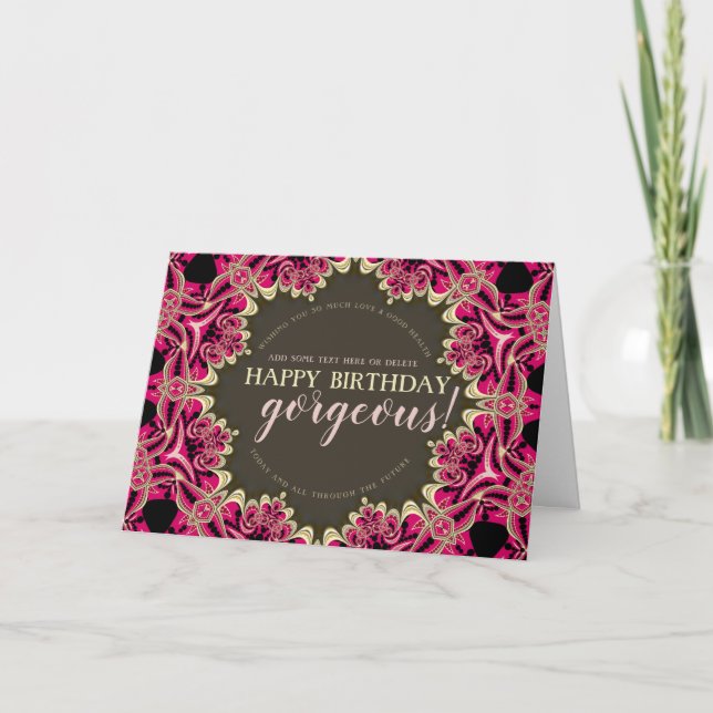 Hot Pink Fractal Lace Happy Birthday Gorgeous Card (Front)