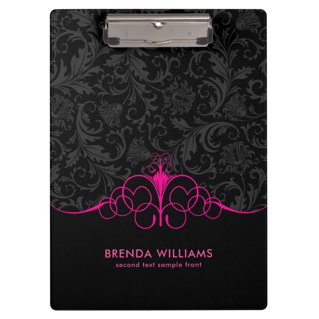 Hot-pink frame & black damask pattern clipboard (Front)