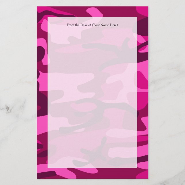 Hot Pink Fuchsia Camo Camouflage Girly Pattern Stationery (Front)