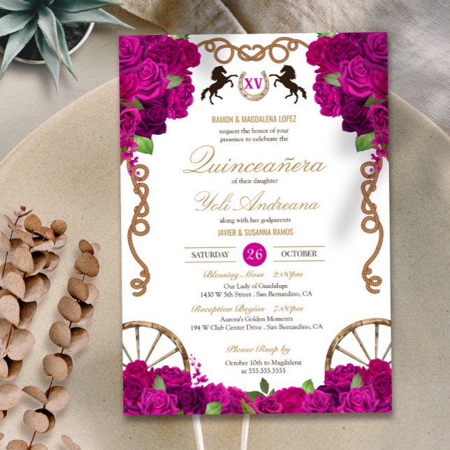 Hot Pink Fuchsia Rose Western Charra Quinceañera Invitation (Creator Uploaded)