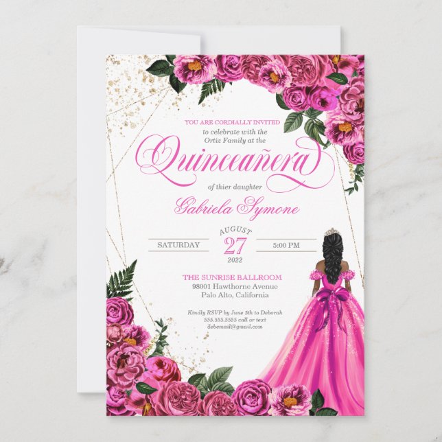 Hot Pink Fuchsia Roses & Gold and Gown Quinceañera Invitation (Front)