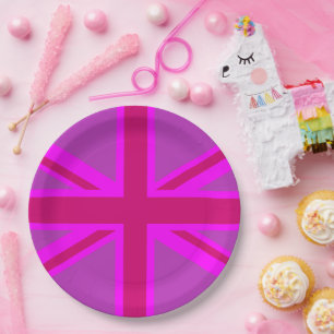 Hot Pink Fuchsia Union Jack Decor Paper Plate