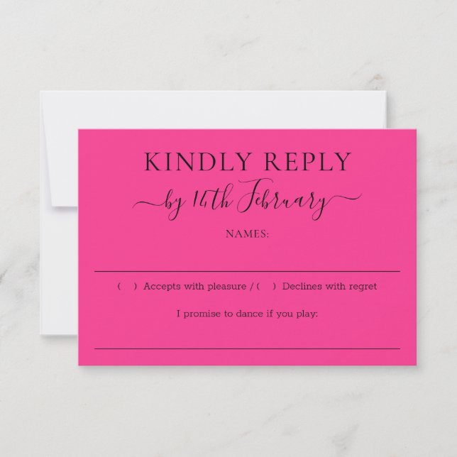 Hot Pink Fuchsia Wedding Kindly Reply RSVP Card (Front)