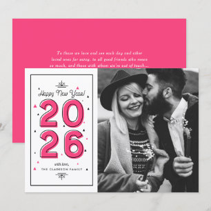Hot Pink Geometric Typography New Year Photo Holiday Card