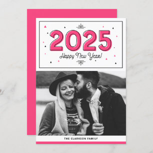 Hot Pink Geometric Typography Photo Happy New Year Holiday Card
