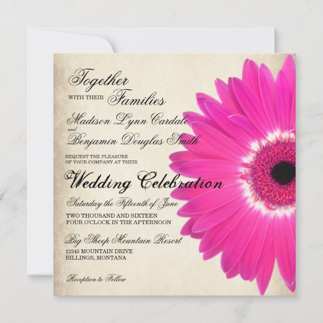Hot Pink Gerber Daisy Rustic Wedding Invitations (Front)