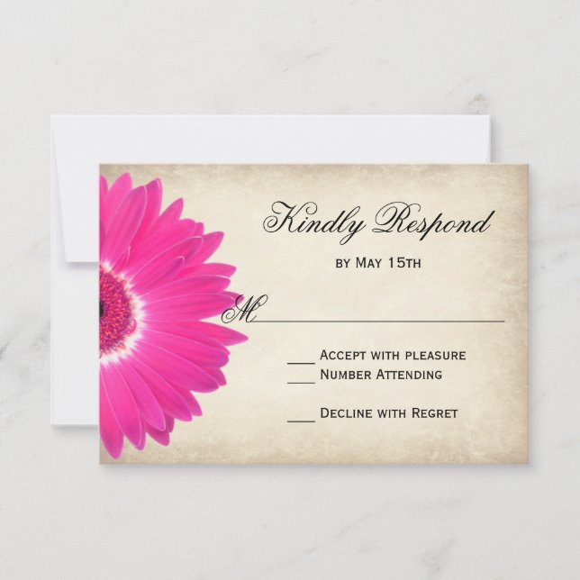 Hot Pink Gerber Daisy Rustic Wedding RSVP Cards (Front)