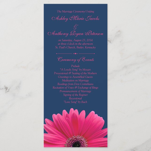 Hot Pink Gerbera Daisy Navy Blue Wedding Program Programme (Front)