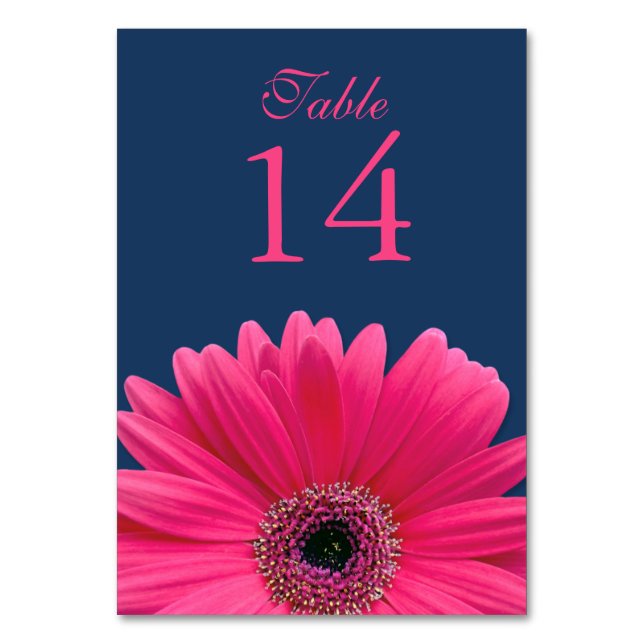 Hot Pink Gerbera Daisy Navy Blue Wedding Table Number (Front)