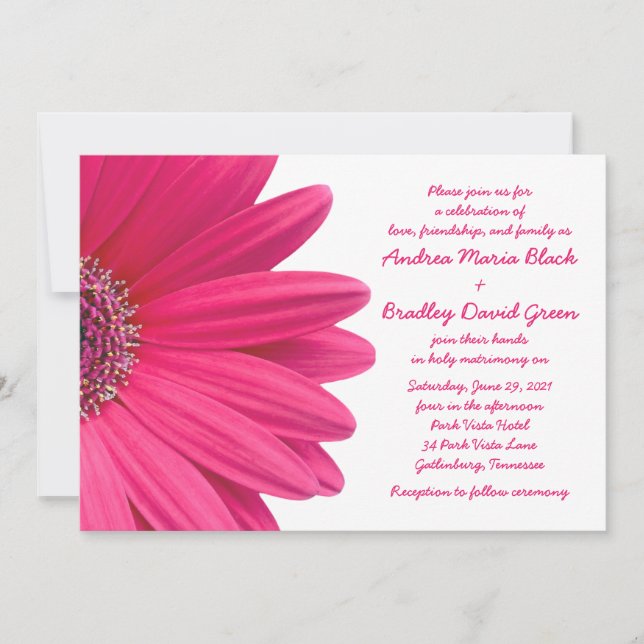Hot Pink Gerbera Daisy White Wedding Invitation (Front)