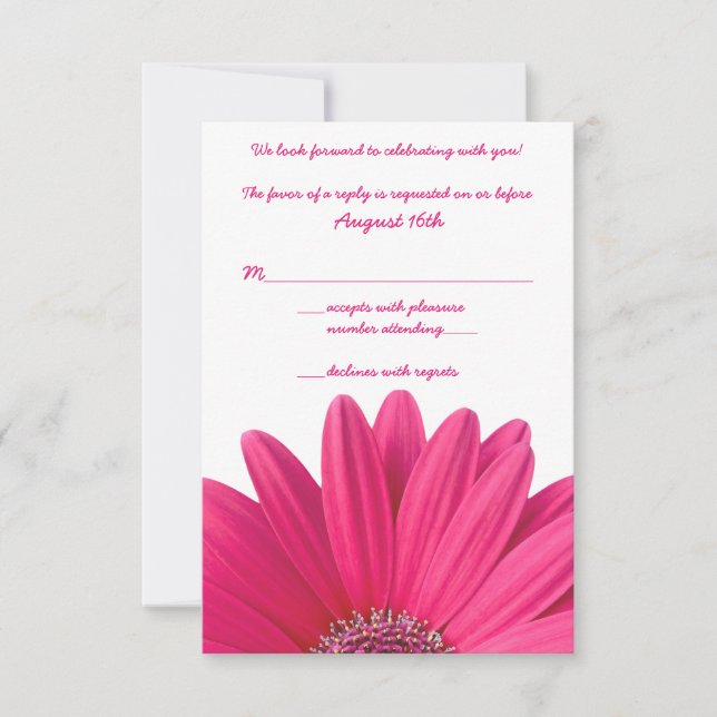 Hot Pink Gerbera Daisy White Wedding RSVP Card (Front)