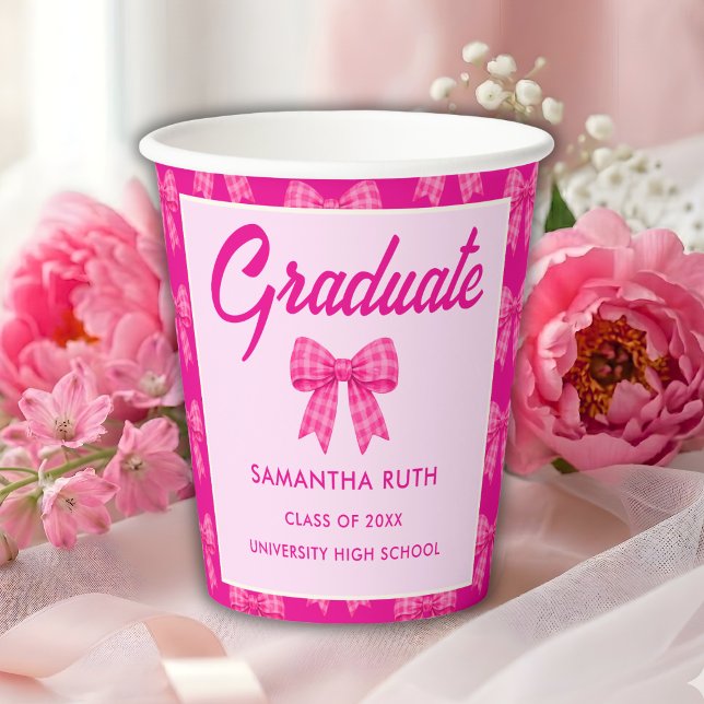 Hot Pink Gingham Bow Graduation Party Paper Cups (Creator Uploaded)