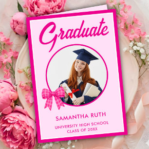 Hot Pink Gingham Bow Photo Graduation  Card