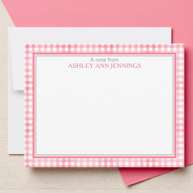 Hot Pink Gingham Check Border Personalized Card (Classic gingham pattern notecard design with custom name And double border)