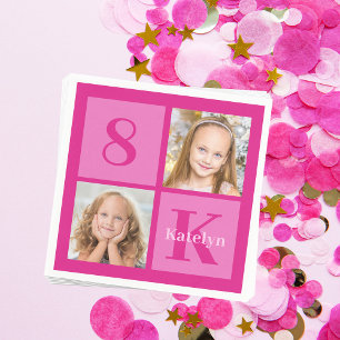 Hot Pink Girl Photo Collage Custom Birthday Party Napkin