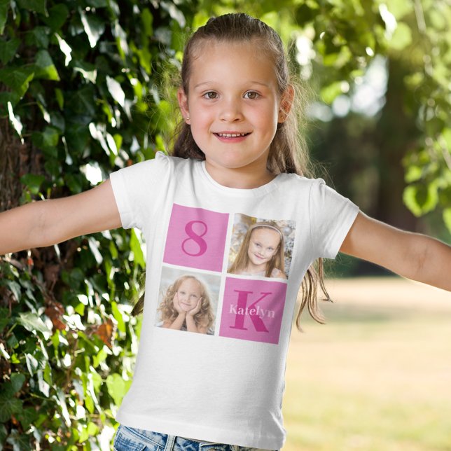 Hot Pink Girl Photo Custom Birthday Party Kids Tri-Blend Shirt (Creator Uploaded)