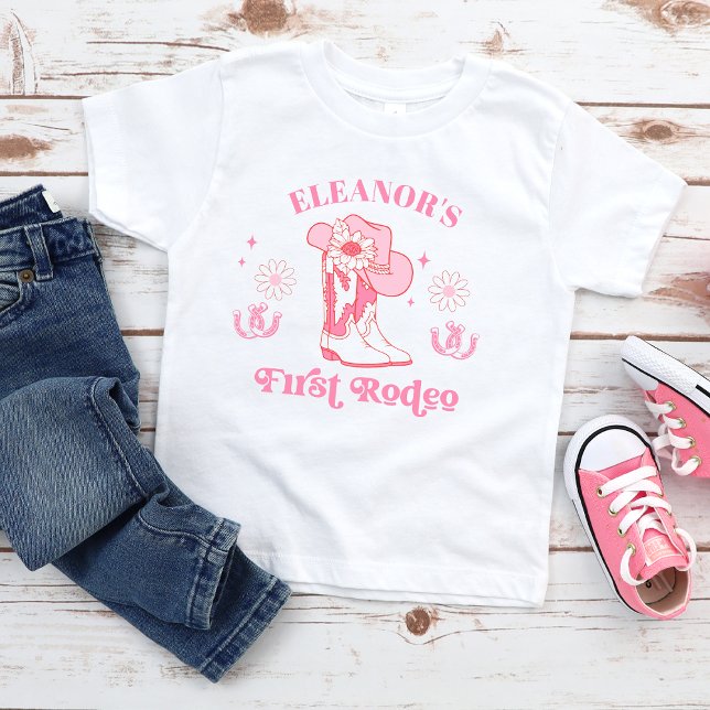 Hot Pink Girls First Rodeo 1st Birthday Baby T-Shirt (Girls Hot Pink First Rodeo 1st Birthday T-shirt, Cowgirl Boots, Western First Birthday T-shirt, )