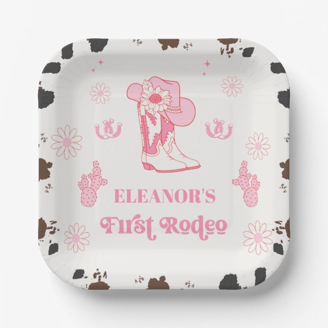 Hot Pink Girls First Rodeo 1st Birthday Party Paper Plate (Front)
