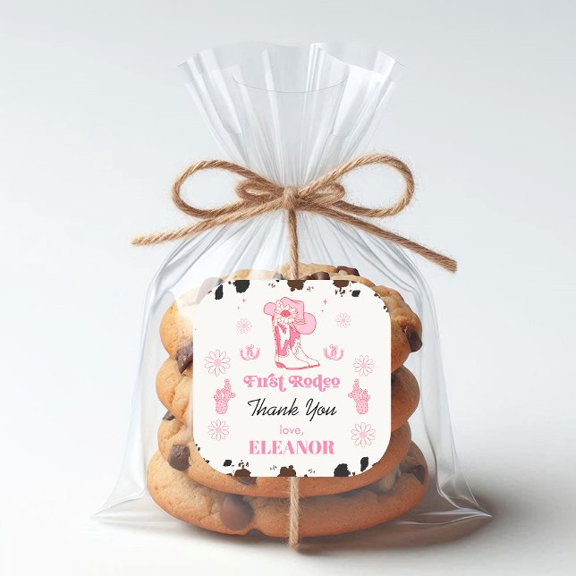 Hot Pink Girls First Rodeo 1st Birthday Thank You Square Sticker (Pink First Rodeo 1st Birthday Sticker, Cowgirls boots, Cowgirl Hat, First Rodeo Birthday Stickers)