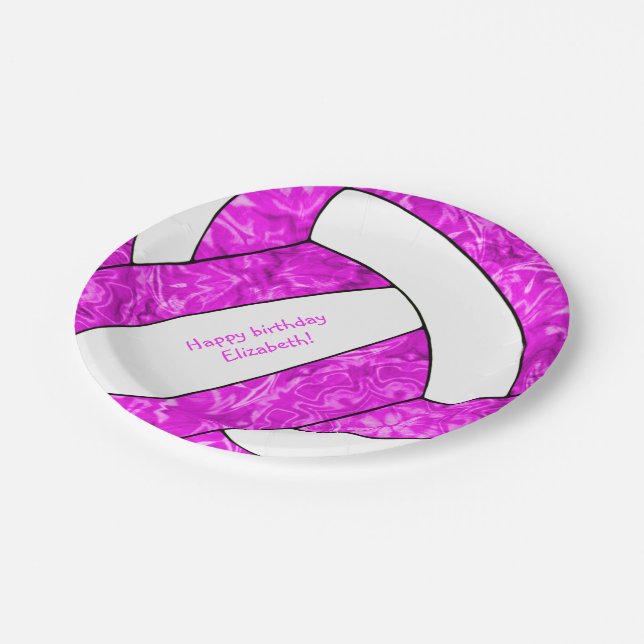hot pink girl's volleyball birthday party paper plate (Angled)
