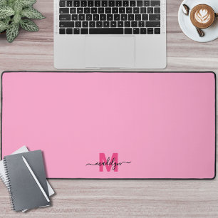 Hot Pink Girly Modern Name Monogram Desk Mat