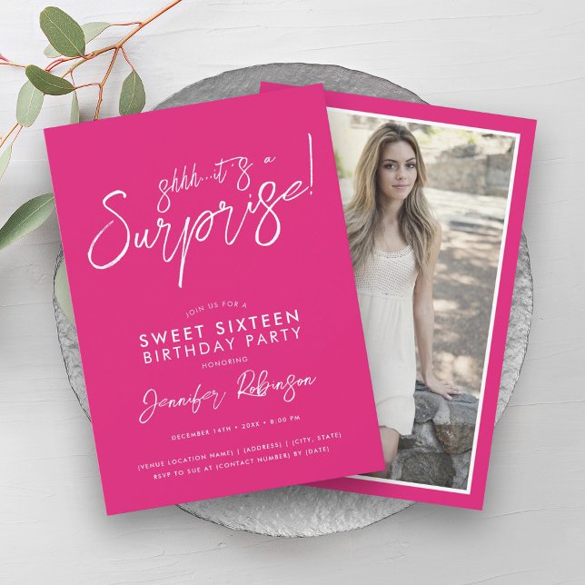Hot Pink Girly Photo Surprise Sweet 16 Party Invitation (Hot Pink Girly Photo Surprise Sweet 16 Party Invitation)