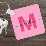Hot Pink Girly Script Name Monogram Key Ring<br><div class="desc">Create Your Own Stylish Modern Custom Black and Pink Monogram Square Keychain. This sleek square keychain brings a modern and personalised touch to your everyday essentials. The design features a bold hot pink monogram initial centred on a solid black background, with your name in elegant white script layered across it....</div>