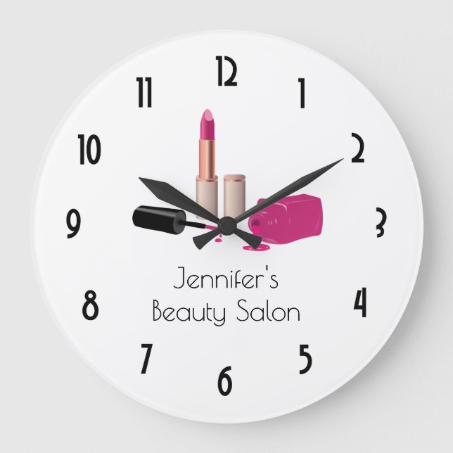 Hot Pink Glam Lipstick & Nail Polish Stylish Large Clock (Front)