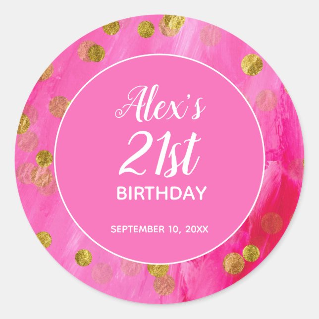 Hot Pink Glitter 21st Birthday Name Classic Round Sticker (Front)