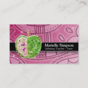 Hot Pink Glitter Apple Substitute Teacher Tutor Business Card