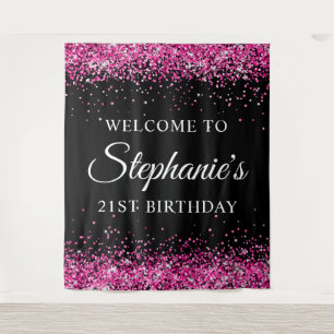 Hot Pink Glitter Black 21st Birthday Welcome Tapestry