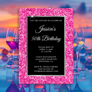 Hot Pink Glitter Black 50th Birthday Invitation
