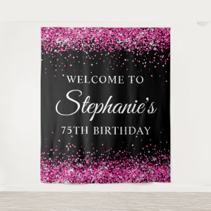 Hot Pink Glitter Black 75th Birthday Welcome Tapestry