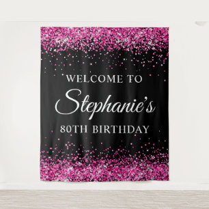 Hot Pink Glitter Black 80th Birthday Welcome Tapestry