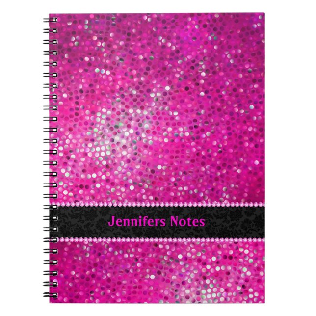Hot Pink Glitter Black Accents Spiral Notebook (Front)