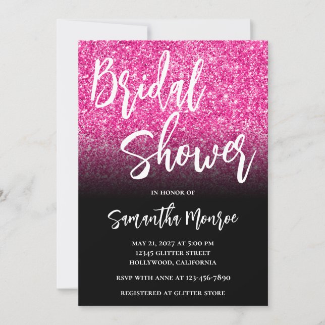 Hot Pink Glitter Black Gradient Bridal Shower Invitation (Front)