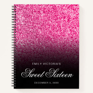 Hot Pink Glitter Black Ombre Sweet 16 Guestbook Notebook