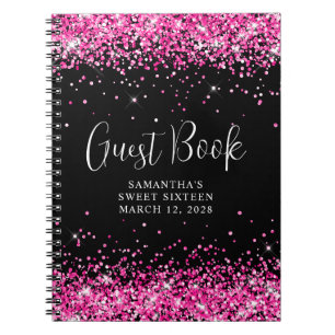 Hot Pink Glitter Black Sweet 16 Guest Notebook