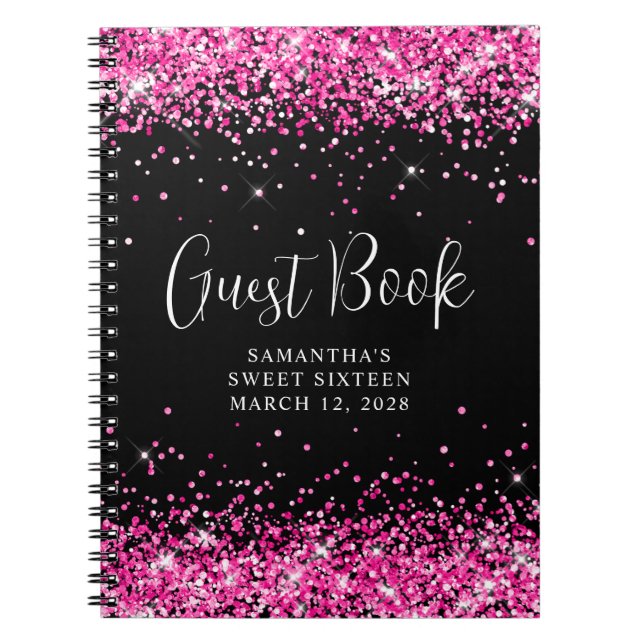 Hot Pink Glitter Black Sweet 16 Guest Notebook (Front)