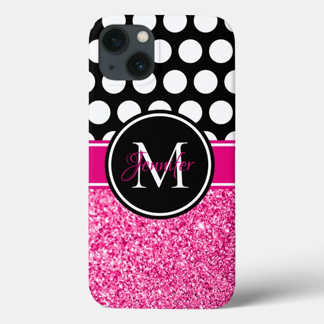 Hot Pink Glitter Black White Polka Dot Monogram Case-Mate iPhone Case (Back)
