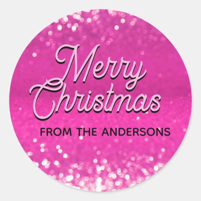 Hot Pink Glitter Bokeh Custom Text Classic Round Sticker (Front)