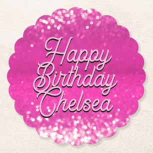 Hot Pink Glitter Bokeh Custom Text Paper Coaster